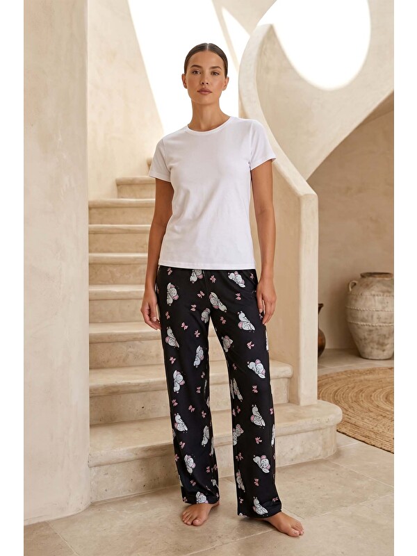 Remsa Kadın Viskon Kumaş Desenli Penye Tek Pijama Alt 41 Siyah05