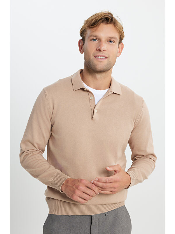 Altınyıldız Classics Erkek Bej Pamuklu Standart Fit Normal Kesim Polo Yaka Triko Kazak