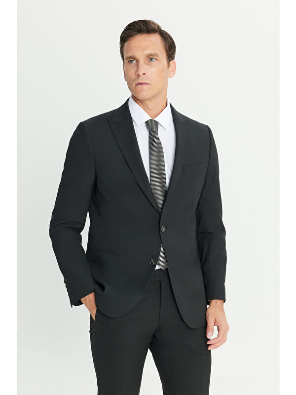 AC&Co / Altınyıldız Classics Erkek Siyah Su Geçirmez Ekstra Slim Fit Kırlangıç Yaka Yünlü Nano Takım Elbise