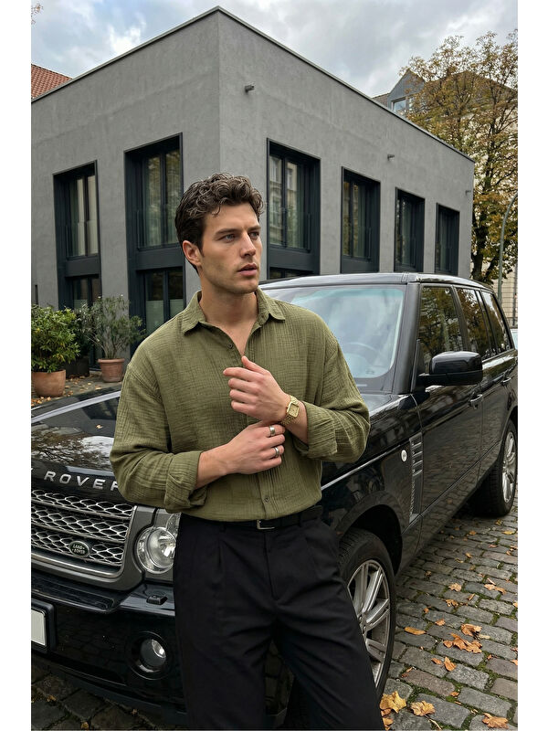 Livio Ferri Yurin Erkek Premium Müslin %100 Pamuk Oversize Uzun Kollu Gömlek