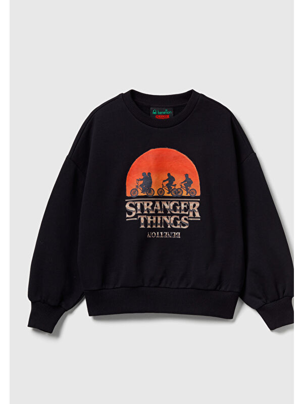 United Colors Of Benetton Kız Çocuk Siyah %100 Pamuk Oversize Stranger Things Ön Baskılı Sweatshirt