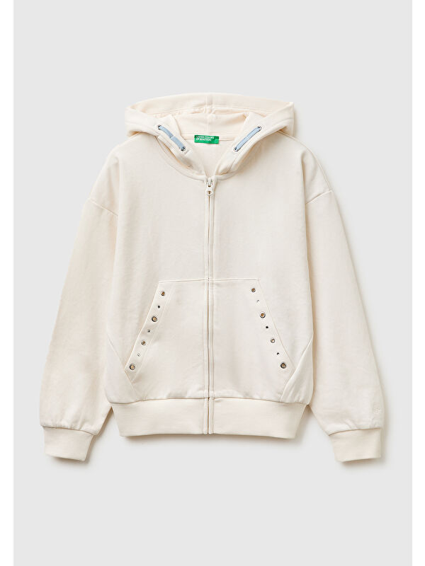 United Colors Of Benetton Kız Çocuk Taş İşlemeli Kanguru Cepli Fermuarlı Kapüşonlu Sweatshirt