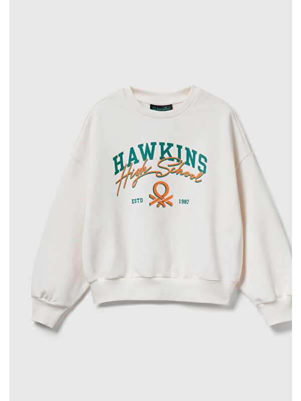 United Colors Of Benetton Kız Çocuk Krem %100 Pamuk Oversize Stranger Things Ön Baskılı Sweatshirt