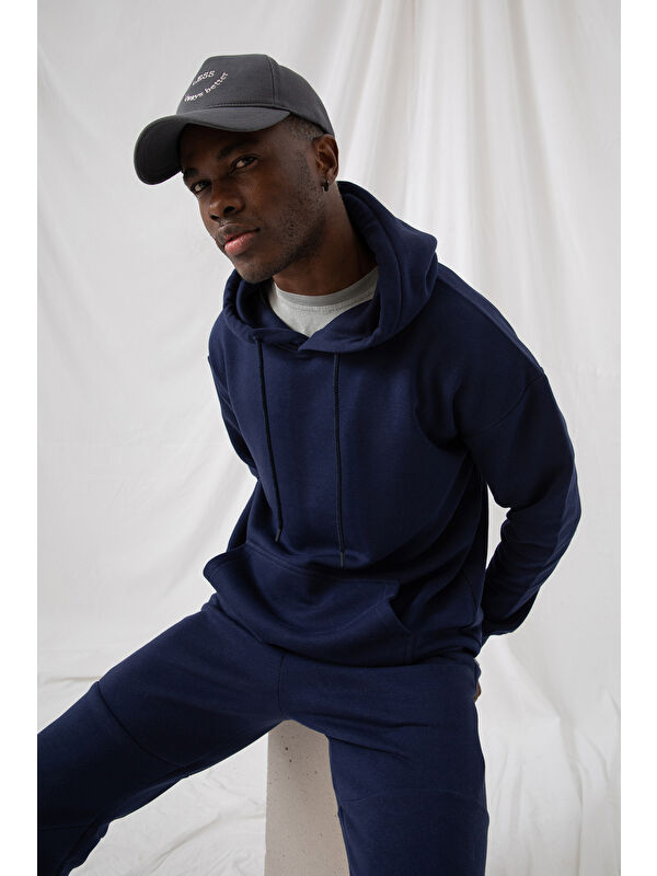 gothamVibes Erkek Stay Oversize Lacivert Kapüşonlu Sweatshirt Hoodie