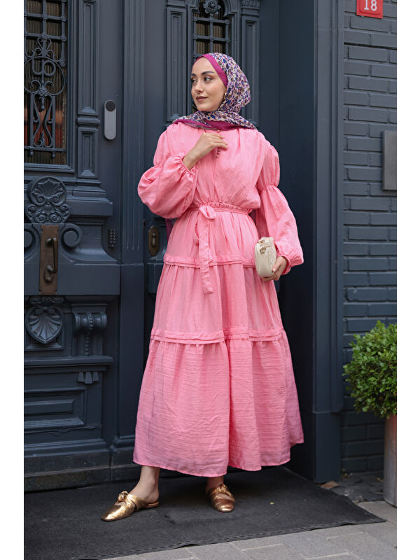Locco Moda Kadın Kolu Lastik Detaylı Elbise Pembe