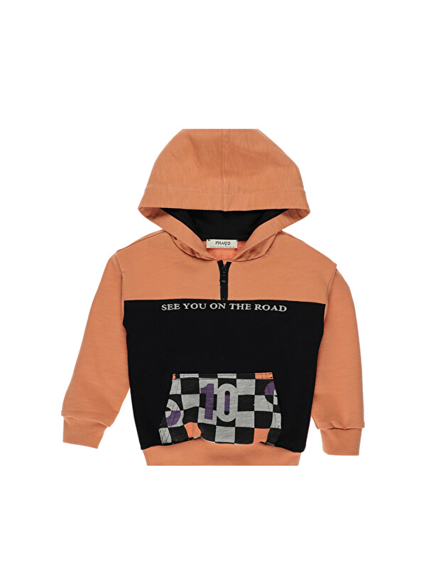 Panço Erkek Bebek Dama Desenli Kanguru Cep Somon Sweatshirt