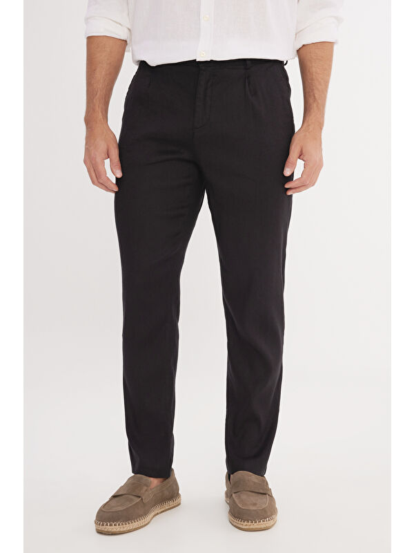 Altınyıldız Classics Erkek Siyah Keten Slim Fit Dar Kesim Beli Lastikli Yan Cepli Esnek Pantolon