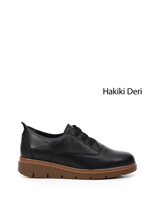 GÖNDERİ(R) Kadın SİYAH Bağcıklı Dolgu Taban Hakiki Deri Ayakkabı