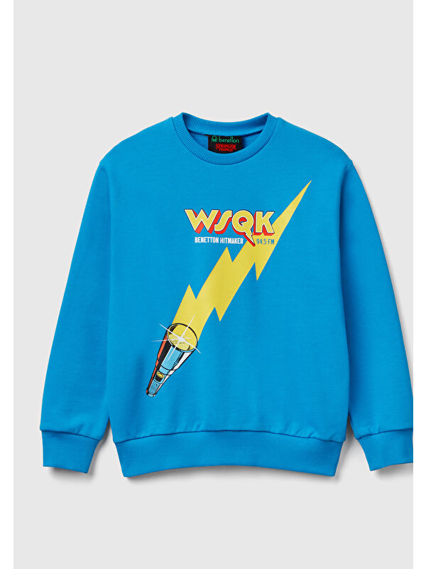 United Colors Of Benetton Erkek Çocuk Mavi % 100 Pamuk  Oversize Stranger Things Ön-Arka Baskılı Sweatshirt