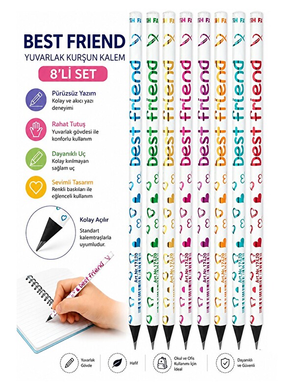 Fatih Best Friend Kurşun Kalem 8 Adet Yuvarlak Gövdeli Siyah Kurşun Kalem Yumuşak Yazım Kolay