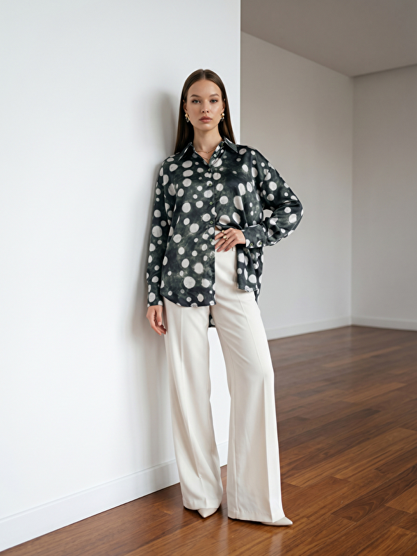 Pera Moda Oversize Kalıp Batik Desenli Puantiyeli Saten Gömlek
