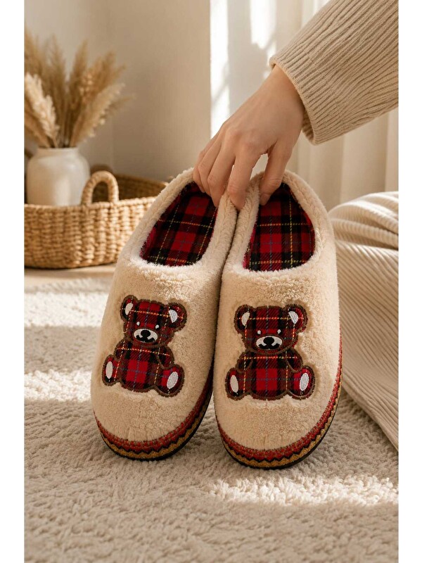 Slipcat Unisex, Ekose Desenli, Ayı Figürlü, Yumuşak, Pelüş Kışlık Ev Terliği