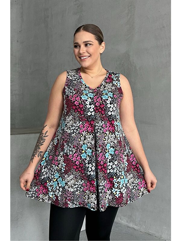 Stil Diva Büyük Beden V Yaka Sıfır Kol Çiçek Desenli Bluz 302261