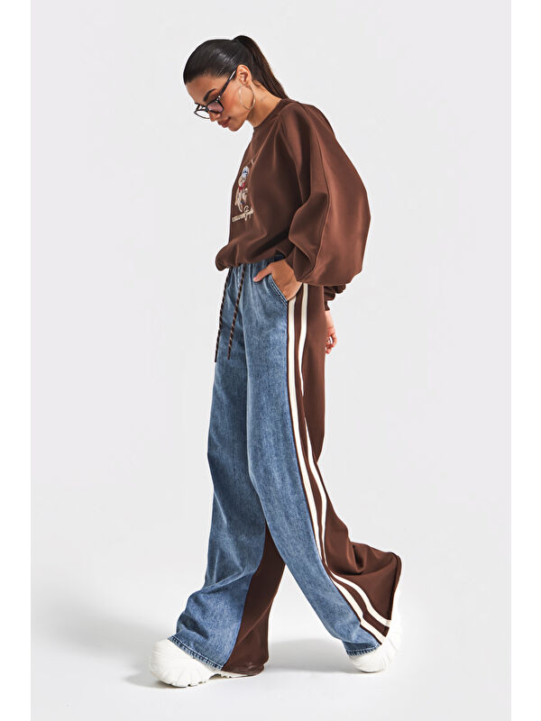 It's Basic Kadın Kahve Jean Rengi w5-16 Tasarım Sweatshirt Pantolon 2'li Kombin Takım