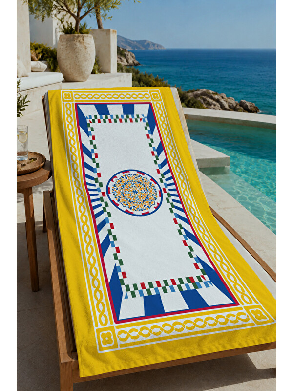 Milbay Grup Sarı Akdeniz Seramik Çerçeve Desenli 70x150 cm Dijital Baskılı Plaj ve Banyo Havlusu