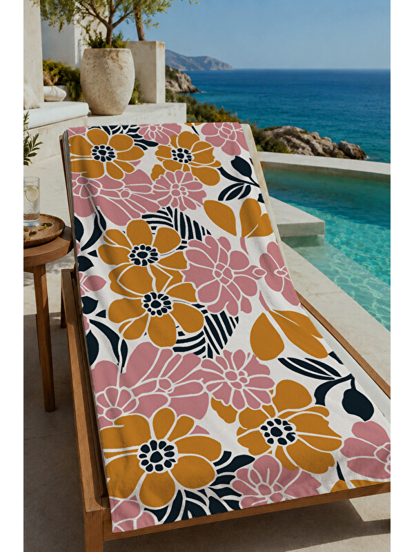 Milbay Grup Hardal Pembe Retro Çiçek Desenli 70x150 cm Dijital Baskılı Plaj ve Banyo Havlusu
