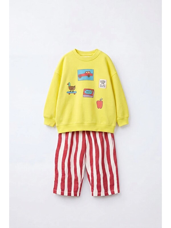 Magu Erkek Çocuk Baskılı Sarı Sweatshirt Ve Kırmızı Çizgili Eşofman Takımı