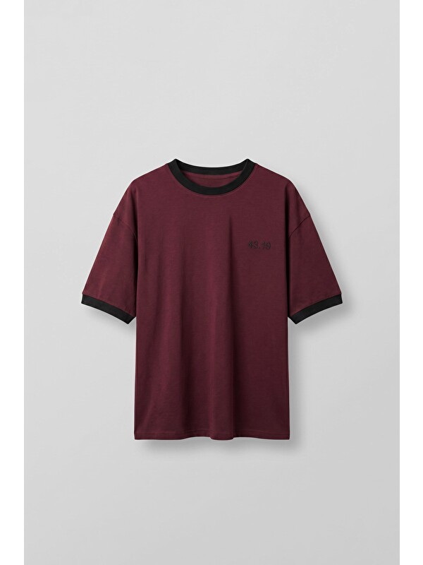 Abluka Online Erkek Nakış Detaylı Kontrast Bisiklet Yaka Boxy Fit T-Shirt Bordo