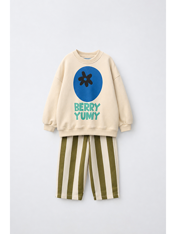Magu Çocuk Yaban Mersini Baskılı Ekru Sweatshirt Ve Yeşil Çizgili Eşofman Takımı