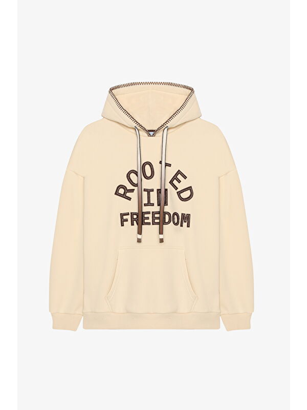 QUZU Kapüşonlu Kanguru Cepli Oversize Sweatshirt Bej