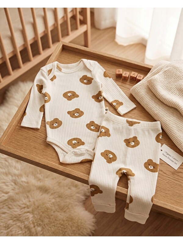 Ege Bebek %100 Pamuk 0-3-6-9-12 Aylık Ayıcık Baskılı Çıtçıtlı Bodyli Pantalonlu 2'li Fitilli İnce Takım