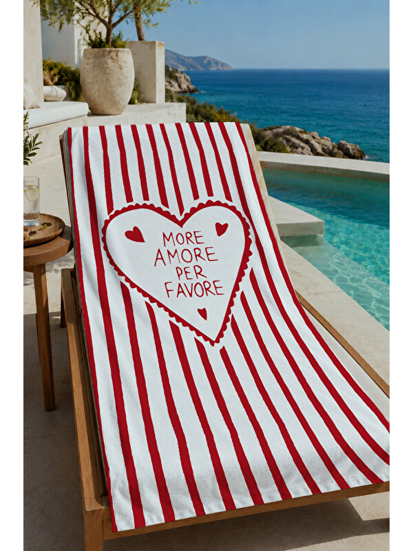 Milbay Grup Kırmızı Beyaz Çizgili More Amore Per Favore Kalp 70x150 cm Dijital Baskılı Plaj ve Banyo Havlusu
