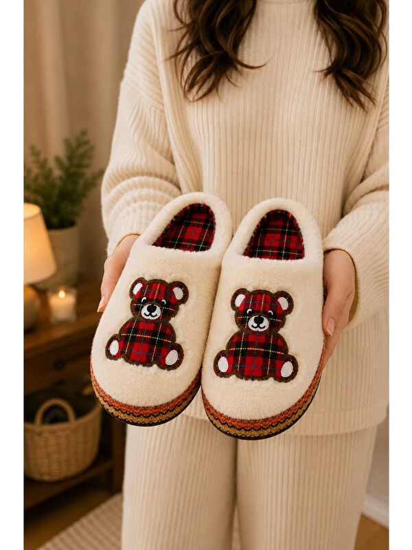 Slipcat Unisex, Ekose Desenli, Ayı Figürlü, Yumuşak, Pelüş Kışlık Ev Terliği