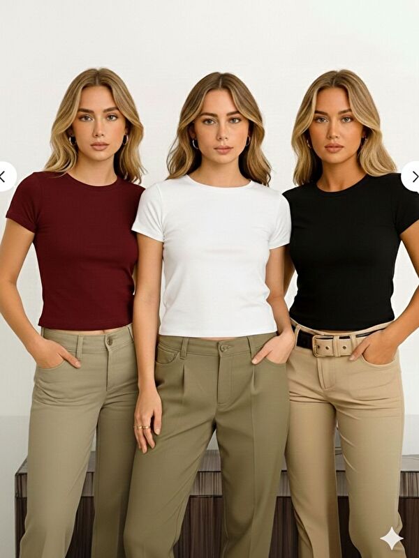 Trendseninle Bordo Beyaz Siyah Bisiklet Yaka Basic Kısa Kollu Body 3'lü Set