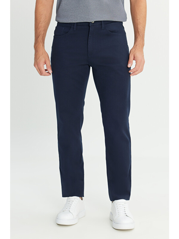 Altınyıldız Classics Erkek Lacivert Pamuklu Slim Fit Dar Kesim 5 Cep Armürlü Esnek Pantolon