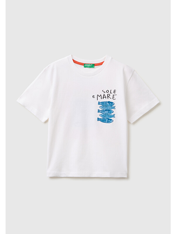 United Colors Of Benetton Erkek Bebek Beyaz Ön ve Arka Baskı İşleme Detaylı T-Shirt