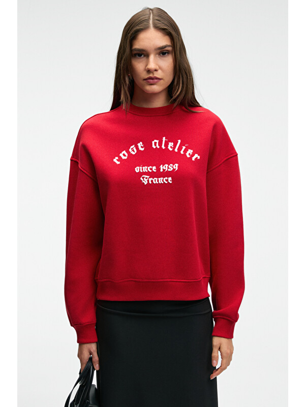 GRIMELANGE MOREVESSA Kadın Regular Fit Baskı Detaylı Yuvarlak Yakalı KIRMIZI Sweatshirt