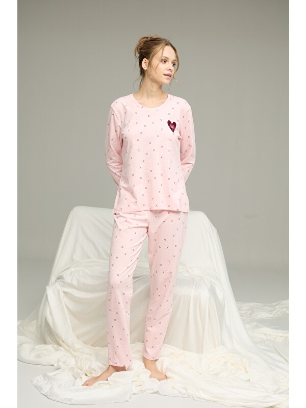 Siyah İnci Pembe Kalp Desenli Pamuklu Bisiklet Yaka Örme Pijama Takım25241127
