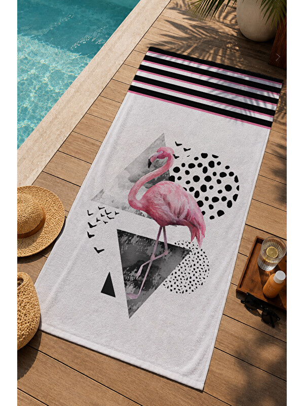 Milbay Grup Siyah Pembe Çizgili Flamingo Desenli 70x150 cm Dijital Baskılı Plaj ve Banyo Havlusu