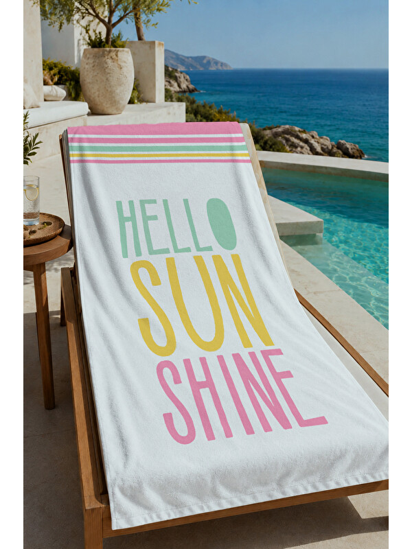Milbay Grup Pastel Çizgili Hello Sunshine Yazılı 70x150 cm Dijital Baskılı Plaj ve Banyo Havlusu