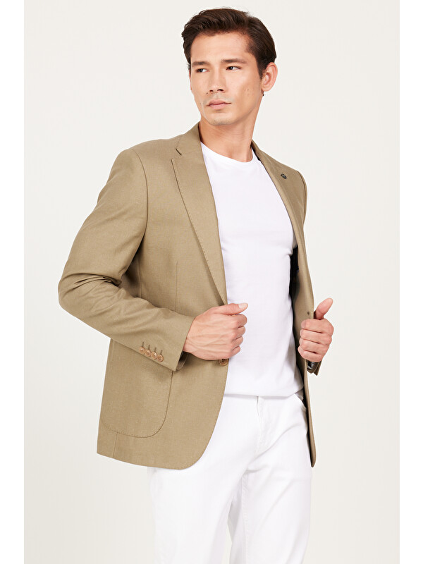 Altınyıldız Classics Erkek Haki  Dar Kesim Mono Yaka Desenli Blazer Ceket