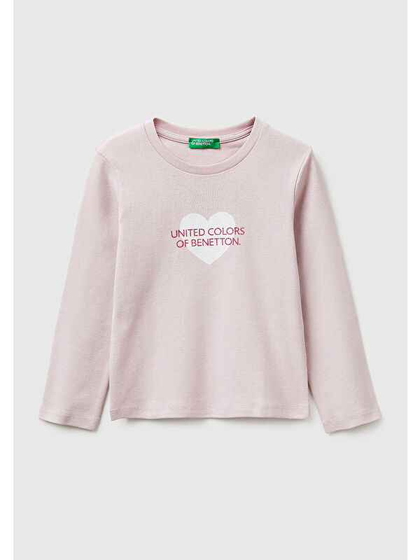 United Colors Of Benetton Kız Çocuk Simli Renkli Grafik Baskılı Yuvarlak Yaka Uzun Kollu T-Shirt