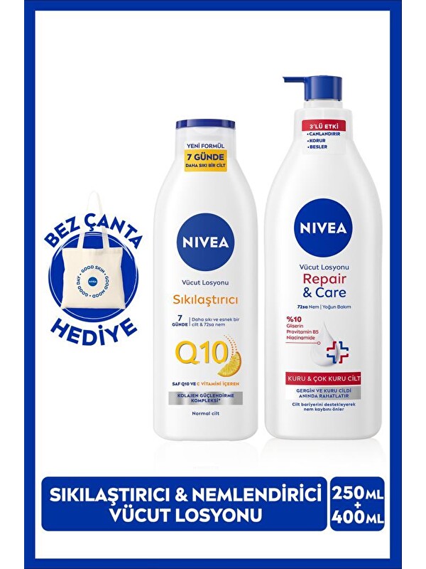 NIVEA Q10 Sıkılaştırıcı Vücut Losyonu 250ml ve Repair Care Nemlendirici Losyon 400ml, Kuru Cilt, Çantalı