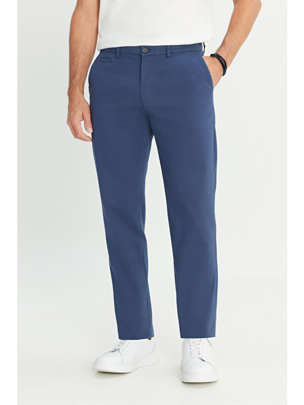 Altınyıldız Classics Erkek İndigo Pamuklu Comfort Fit Rahat Kesim Yan Cepli Armürlü Esnek Pantolon