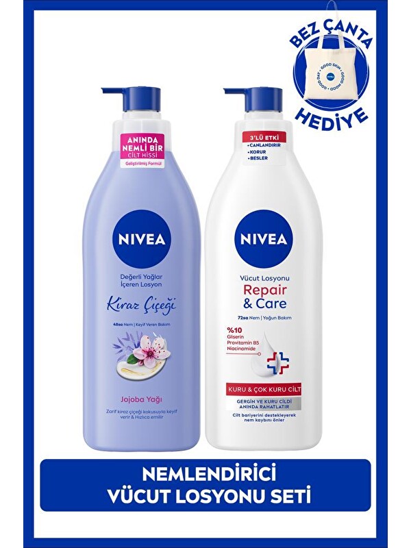 NIVEA Repair Care Nemlendirici Vücut Bakım Losyonu 400ml ve Kiraz Çiçeği Vücut Losyonu 400ml,Çanta Hediye