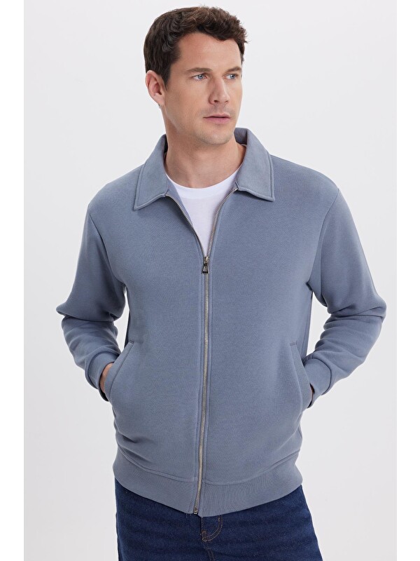 TUDORS Unisex Relax Fit Rahat Kesim Pamuklu İç Polarlı Fermuarlı Gri Polo Yaka Flato Cepli Sweatshirt Hırka