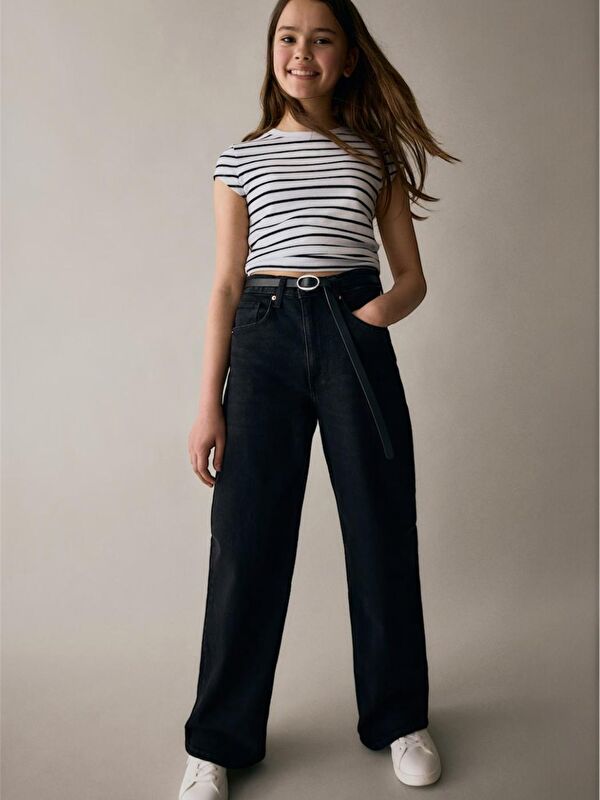 A.S.L GOLF CLUB Kız Çocuk Açık Mavi Mid Rise Metalik Cuffed Baggy Jean Pantolon