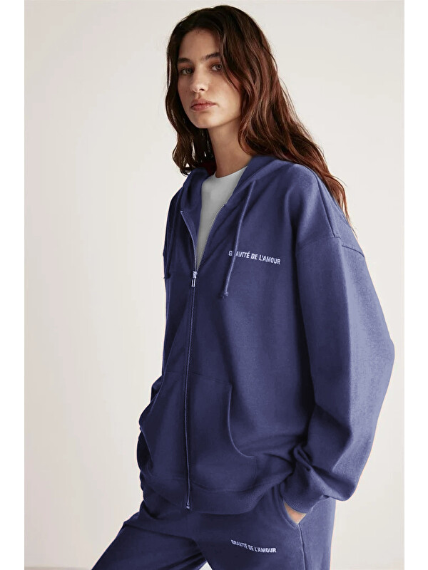 GRIMELANGE Ametıs Kadın Oversize Organik Pamuklu Metal Fermuarlı Kapüşonlu LACİVERT Sweatshirt