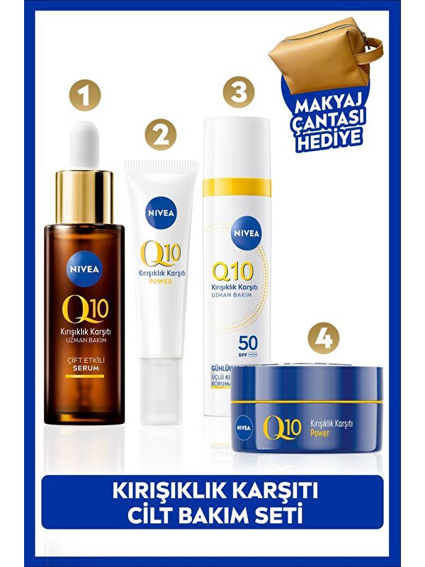 NIVEA Q10 SPF50 Güneş Koruyucu Yüz Kremi 40ml, Kırışıklık Karşıtı Serum, Göz ve Gece Kremi, Çanta Hediye
