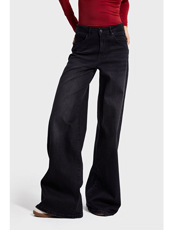 It's Basic Kadın Füme Renk 2w5-1 LYL36 Palazzo Fit Elastanlı Esnek Kumaş İç Boy 83cm Denim Jean