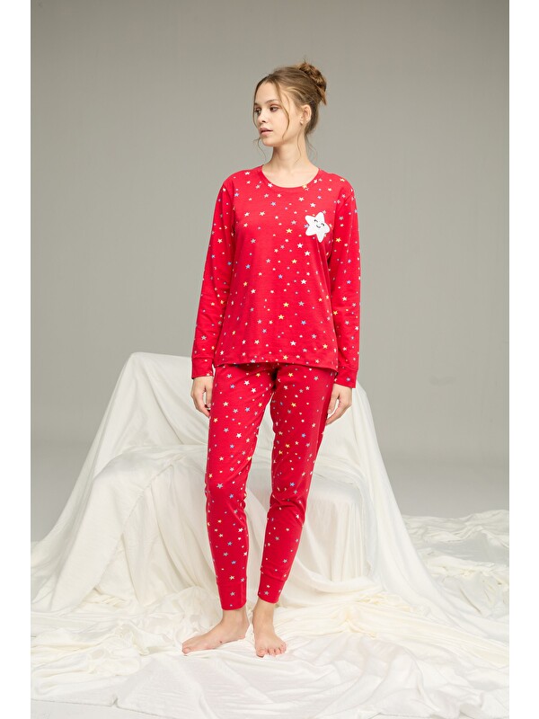 Siyah İnci Kırmızı Yıldız Desenli Pamuklu Bisiklet Yaka Örme Pijama Takım25241120