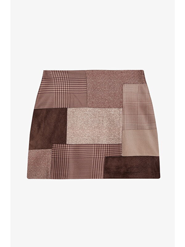 QUZU Patchwork Mini Etek Kahverengi