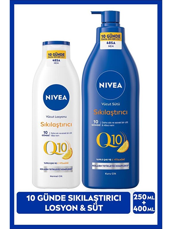 NIVEA Q10 Sıkılaştırıcı Vücut Bakım Sütü 400ml ve Vücut Losyonu 250ml, C Vitamini, 7 Günde Sıkılaş