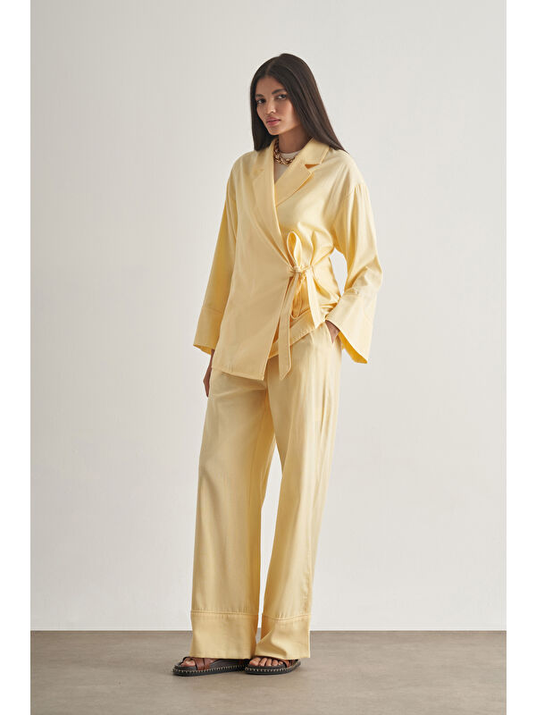 Mizalle Keten Karışımlı Anvelop Bağlı Sarı Kimono Ceket