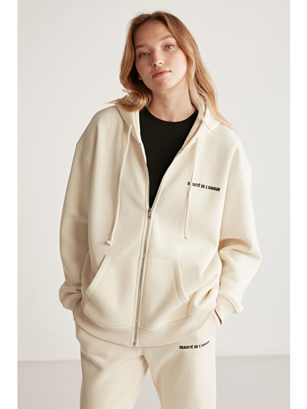 GRIMELANGE Ametıs Kadın Oversize Organik Pamuklu Metal Fermuarlı Kapüşonlu VANİLYA Sweatshirt