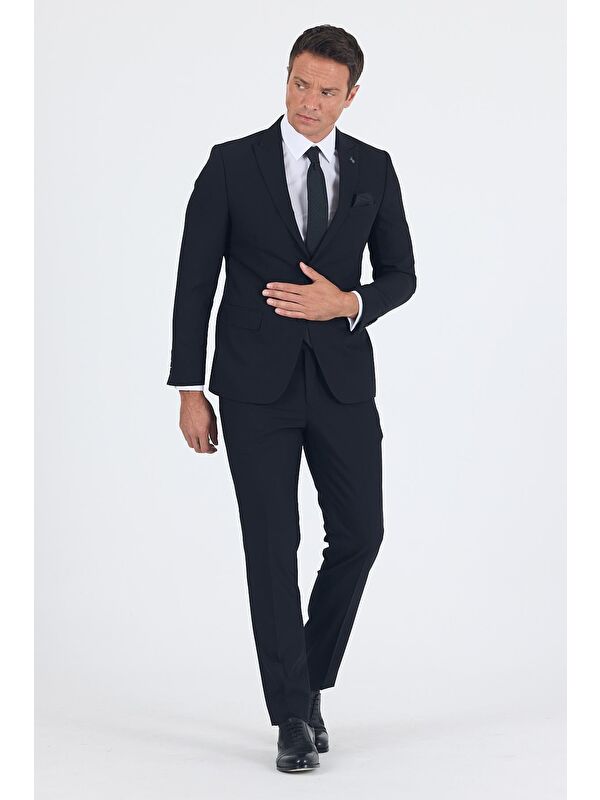 İMZA Siyah Düz Gabardin Kılıç Yaka 2 Düğme Pamuklu 6 Drop Slim Fit Basic Takım Elbise 1001250011_001